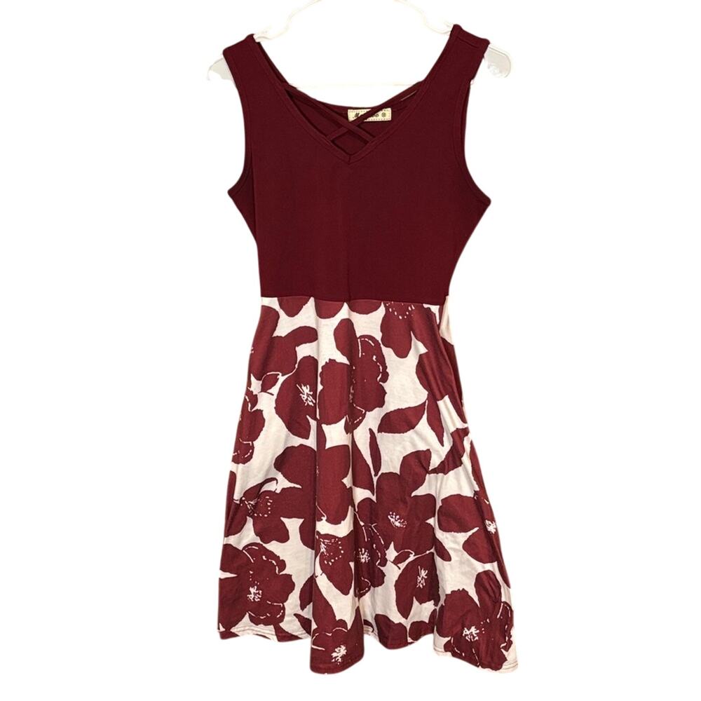 Moyabo Burgundy Floral Sleeveless Mini Dress Womens Medium Casual Boho Cute